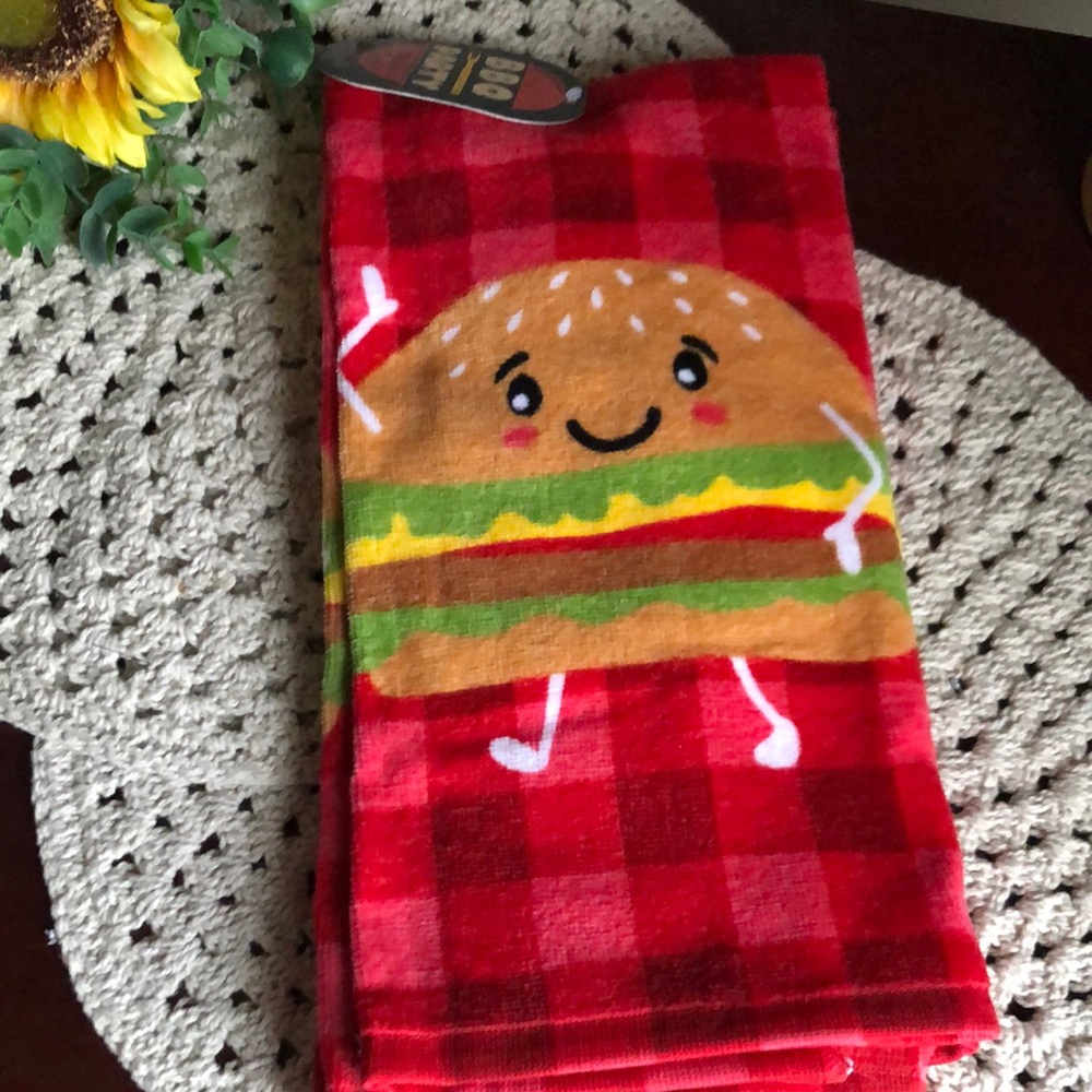 Cute Dancing Burger Kitchen Towel Set - Red Plaid